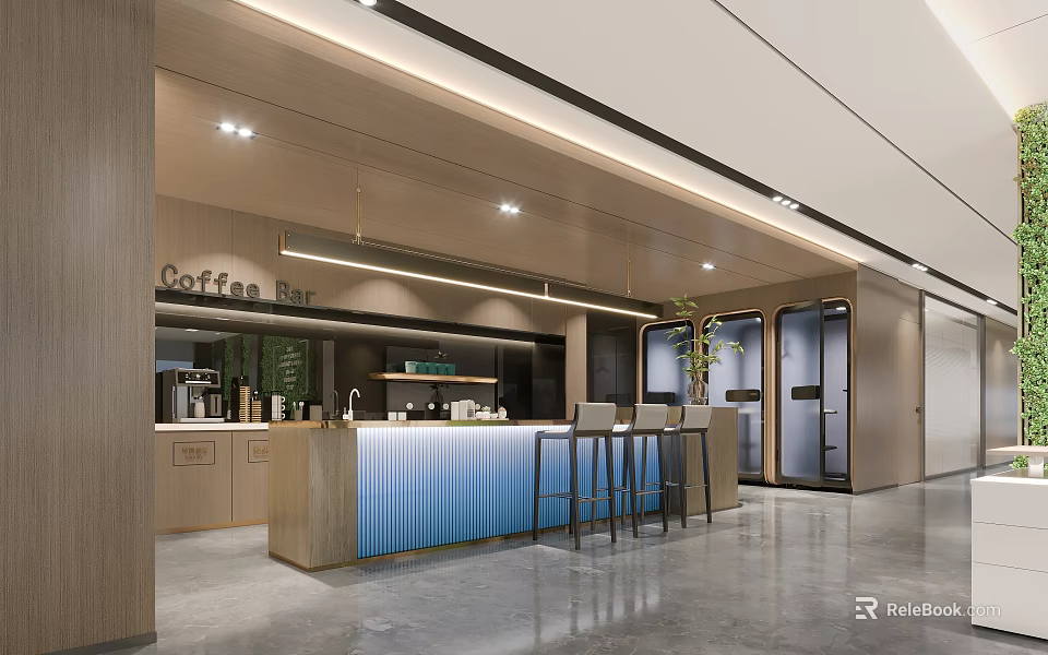 Modern Coffee Bar Interior Design With Blue Counter Bar Stools Coffee Machines And Plants 3d model 