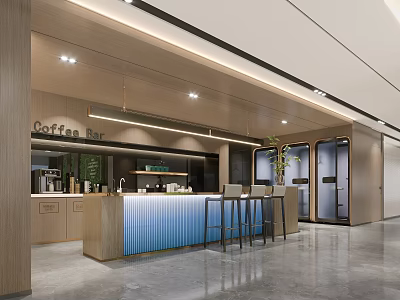 Modern Coffee Bar Interior Design With Blue Counter Bar Stools Coffee Machines And Plants 3d model
