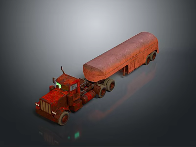 Rusty Red Semi Truck Tractor With Canvas Covered Trailer And Reflective Surface 3d model