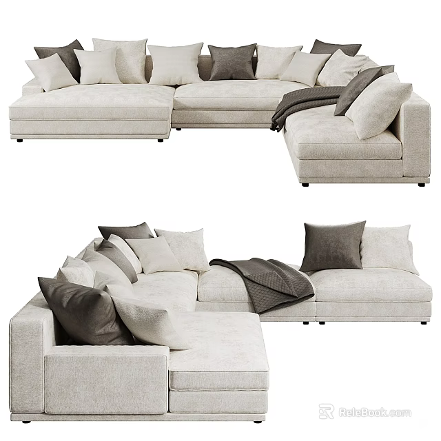 Modern Sectional Sofa In Neutral Tones With Multiple Pillows And Throw Blanket 3d model