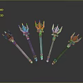 Different Colored Magic Staffs With Claw Shaped Heads And Glowing Green Tips