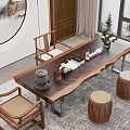 New Chinese Tea Table and Chair Background Wall Single Sofa 3d model