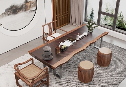 New Chinese Tea Table and Chair Background Wall Single Sofa 3d model