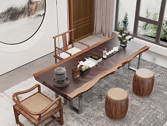 New Chinese Tea Table and Chair Background Wall Single Sofa 3d model