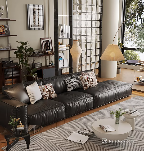 Modern Living Room Interior With Leather Sofa Patterned Pillows Floor Lamp And Plants 3d model 