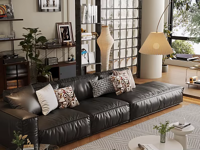 Modern Living Room Interior With Leather Sofa Patterned Pillows Floor Lamp And Plants 3d model