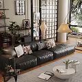 Modern Living Room Interior With Leather Sofa Patterned Pillows Floor Lamp And Plants