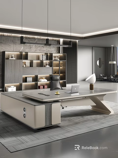 Modern Luxury Executive Office Desk With Side Cabinet And Matching Lighted Storage Bookcase 3d model 