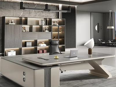 Modern Luxury Executive Office Desk With Side Cabinet And Matching Lighted Storage Bookcase 3d model