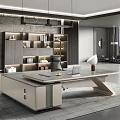 Modern Luxury Executive Office Desk With Side Cabinet And Matching Lighted Storage Bookcase