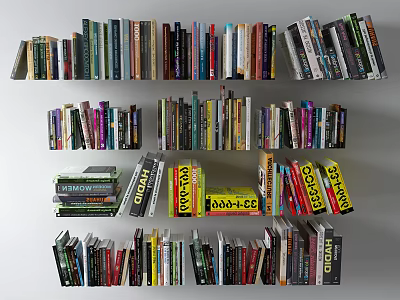 Books And Magazines On Shelves Displayed With Various Colors Different Sizes And Stacked Arrangements 3d model