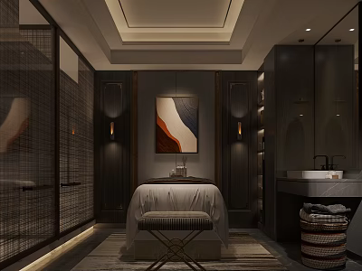 Luxury SPA Sauna Room With Dark Wood Interior Massage Bed Decorative Painting And Soft Lighting 3d model