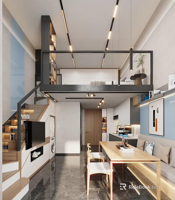 Modern Loft Apartment Interior With Stairs Dining Table And Decor 3d model 