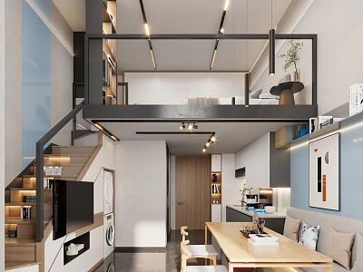 Modern Loft Apartment Interior With Stairs Dining Table And Decor 3d model