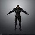 Male Character in Black Armor with Outstretched Arms Against Gray Background