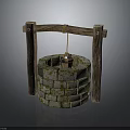 Modern Outdoor Space Featuring Ancient Well With Mossy Stone Structure And Wooden Supports