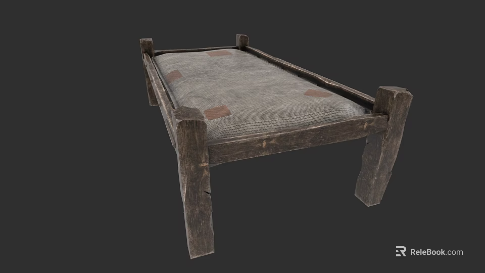 Single Bed with Wooden Frame Gray Mattress and Brown Patches Rustic Design 3d model 