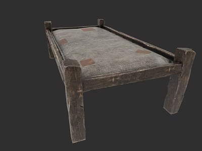 Single Bed with Wooden Frame Gray Mattress and Brown Patches Rustic Design 3d model