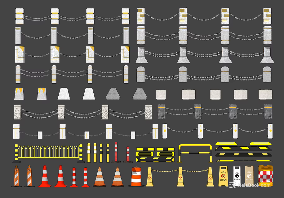 Various Types of Fencing Components Including Posts Chains Traffic Cones and Warning Tapes 3d model 