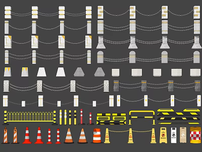 Various Types of Fencing Components Including Posts Chains Traffic Cones and Warning Tapes 3d model