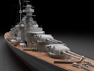 Realistic Detailed Battleship Model Featuring Wooden Deck Main Cannons And Superstructure 3d model