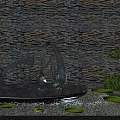Karesansui Dry Landscape Garden With Stone Wall Backdrop Metal Sculpture Lily Pads And Green Plants