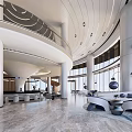Elegant Modern Hotel Lobby With Floor to Ceiling Windows Marble Columns and Sofa Seating Areas