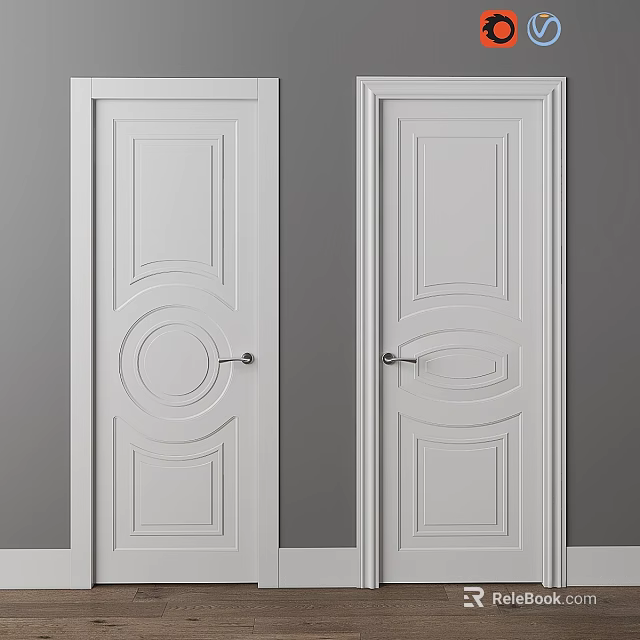 White Hinged Interior Doors Featuring Elegant Decorative Carved Panel Designs 3d model 