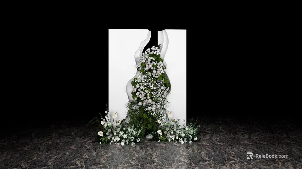 White Floral Decorative Structure With Green Plants And White Flowers On Marble Floor 3d model 