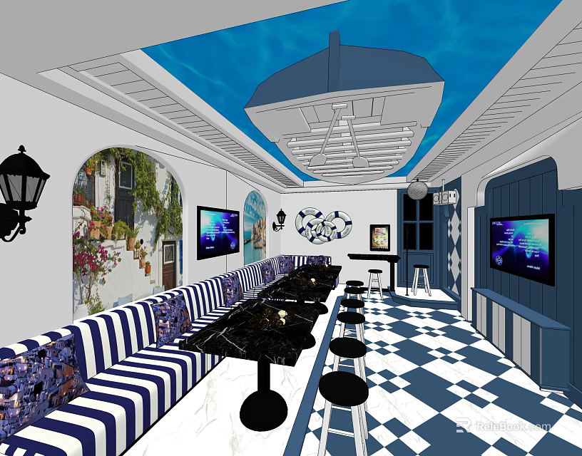 Stylish KTV Room Interior With Blue White Ceiling Striped Sofas And TV Screens 3d model 