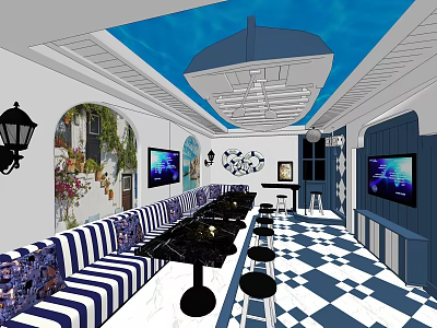 Stylish KTV Room Interior With Blue White Ceiling Striped Sofas And TV Screens 3d model