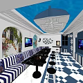 Stylish KTV Room Interior With Blue White Ceiling Striped Sofas And TV Screens