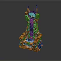 3D Mechanical Tower Structure With Green Elements Orange Base Top Antennas And Blue Tech Lines