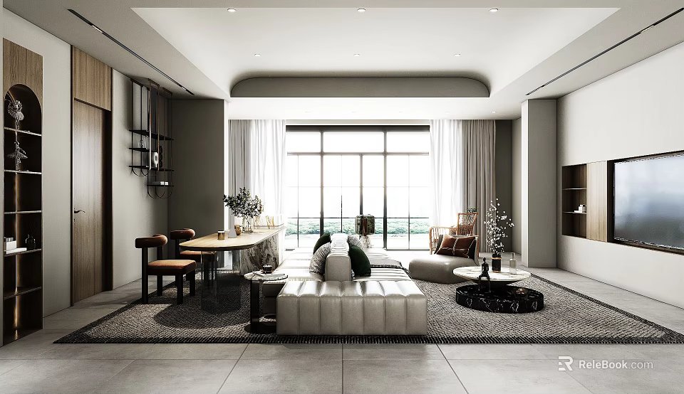 Modern Living and Dining Room Interior With Sofa Dining Table And Large Window 3d model 