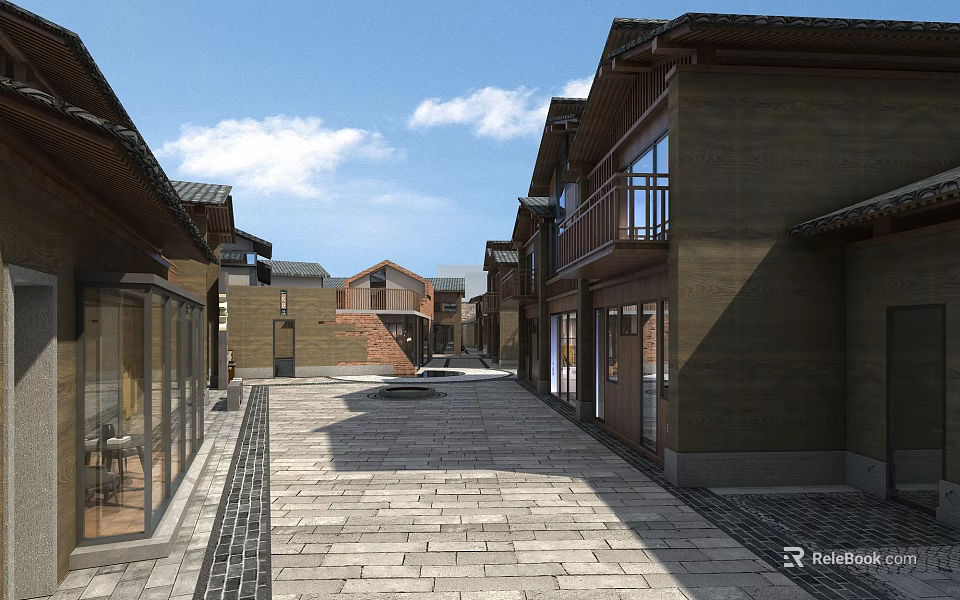 Traditional Commercial Street Featuring Stone Pavement And Wooden Shop Fronts On Both Sides 3d model 