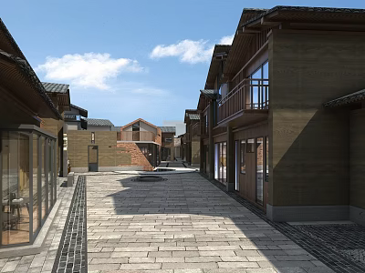 Traditional Commercial Street Featuring Stone Pavement And Wooden Shop Fronts On Both Sides 3d model