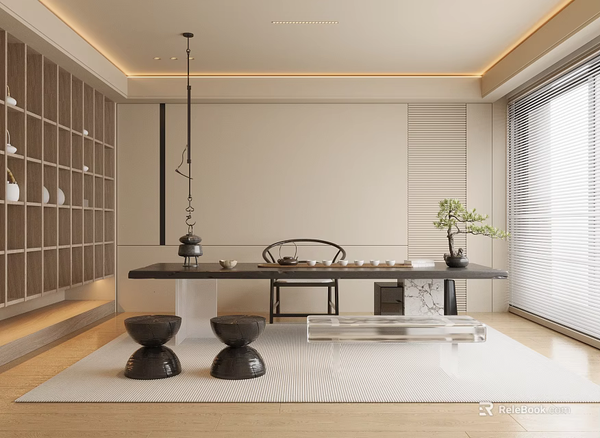 Modern Tea Room Interior With Long Table Stools Plant And Shelves 3d model