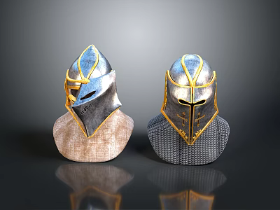 Two Medieval Helmets With Gold Silver Accents On Cloth And Chain Mail Bases 3d model