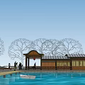 Traditional Pavilion With Trees And People Near Sea View Open Space