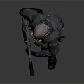 Sci Fi Game Character With Helmet Glowing Eyes In Tactical Outfit Holding Rifle Standing Pose