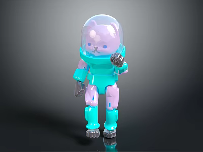 Turquoise Bear Robot In Astronaut Suit With Transparent Helmet Waving Hand 3d model
