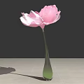 Blooming Pink Flower in Green Vase on Light Colored Tiled Floor with Shadow