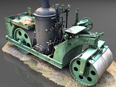 Vintage Green Steam Roller With Large Wheels And Steam Powered Mechanical Parts 3d model
