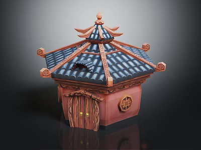 Traditional Building With Tile Roof Wooden Door Curved Eaves And Decorative Symbol 3d model