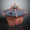 Traditional Building With Tile Roof Wooden Door Curved Eaves And Decorative Symbol