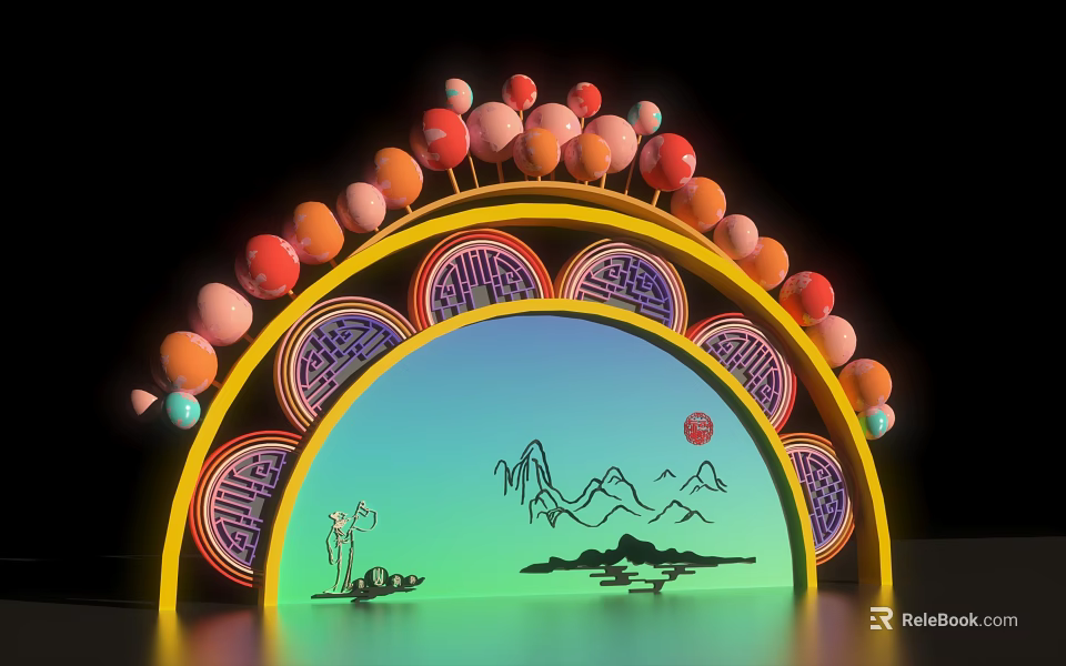 Traditional Chinese Decorative Arch With Colorful Spheres Circular Patterns And Mountain Landscape 3d model 