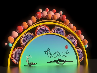 Traditional Chinese Decorative Arch With Colorful Spheres Circular Patterns And Mountain Landscape 3d model
