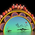 Traditional Chinese Decorative Arch With Colorful Spheres Circular Patterns And Mountain Landscape