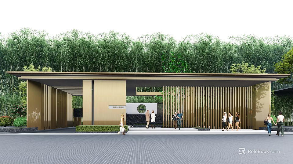 Modern Entrance Gate Featuring Wooden Slat Design Bamboo Plants And People Walking 3d model 