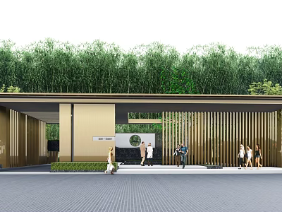 Modern Entrance Gate Featuring Wooden Slat Design Bamboo Plants And People Walking 3d model
